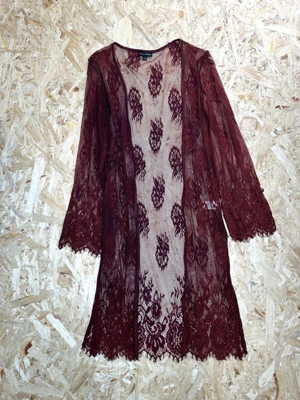 Shinestar Burgundy Lace Kimono Cardigan Womens Small Sheer Duster Open Front